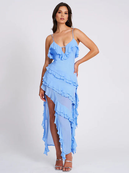 Cornflower Blue Rayon Ruffle Maxi Dress